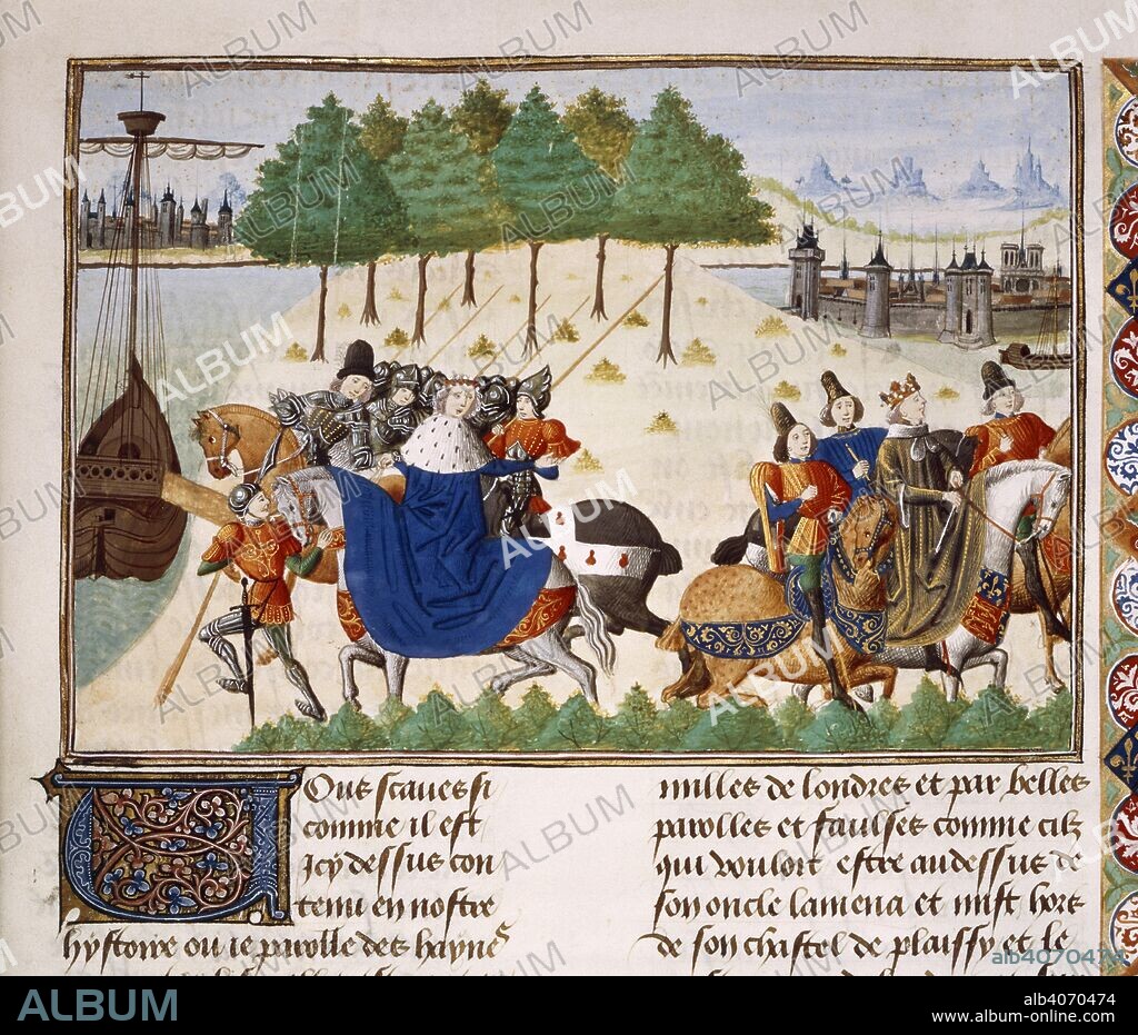Arrest of Duke of Gloucester. Jean Froissart, Chroniques (the 'Harley Froissart') (Frossart's chronicles). Volume IV, part 2. S. Netherlands (Bruges), 1470-1475. (Miniature) The arrest of the Duke of Gloucester; with decorated initial and some lines of text.  Image taken from Froissart's Chronicles (Volume IV, part 2).  Originally published/produced in S. Netherlands (Bruges), 1470-1475. . Source: Harley 4380, f.134. Language: French.