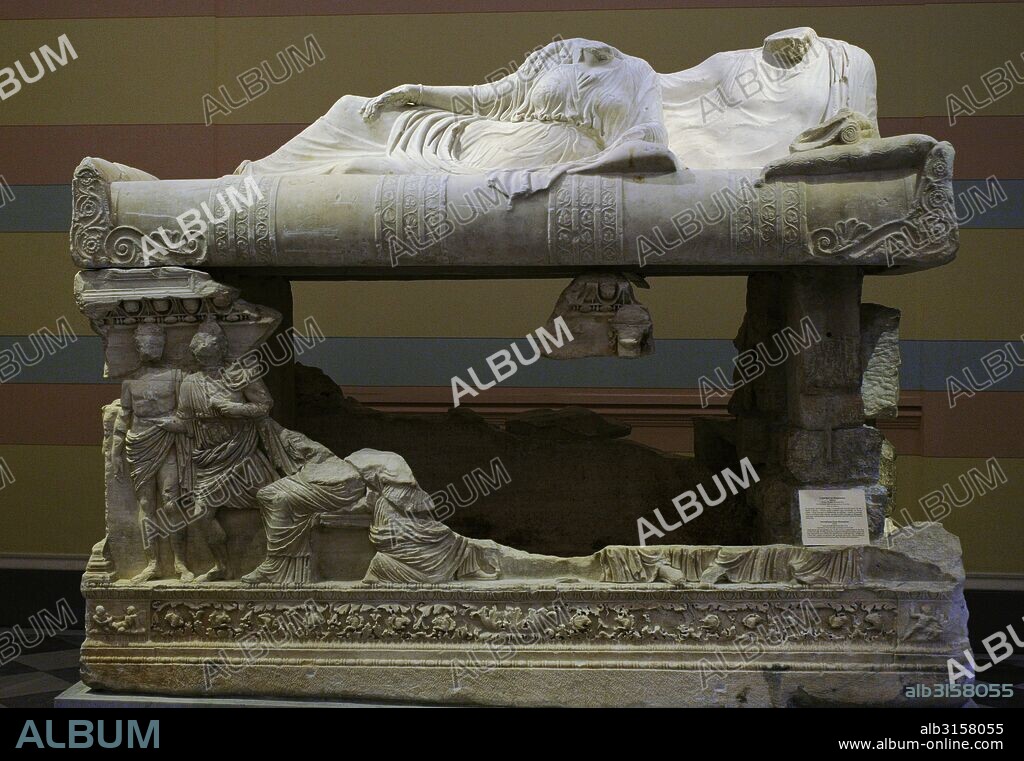 Sarcophagus from Myrmekion. Marble. Attica. 2nd c. AD. On the lid, couple lying on the bed; front side, Achilles among the daughters of King Lycomedes. The sarcophagus may have belonged to the Bosporan King Tiberius Julius Eupatorus (Crimea, Black Sea). Bosporan Kingdom,.