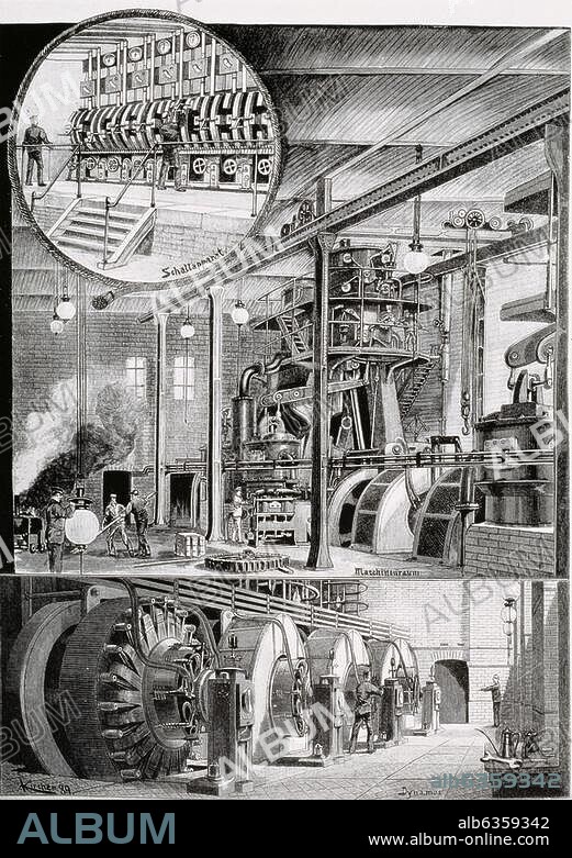 Berlin, Berliner Elektrizitätswerke. Innenansicht der elektrischen Zentralsstation. Holzstich nach Zeichnung, 1889, von Alexander Kircher (geb. 1867). Aus: Illustrirte Zeitung, Leipzig, 1890, Bd. 94.