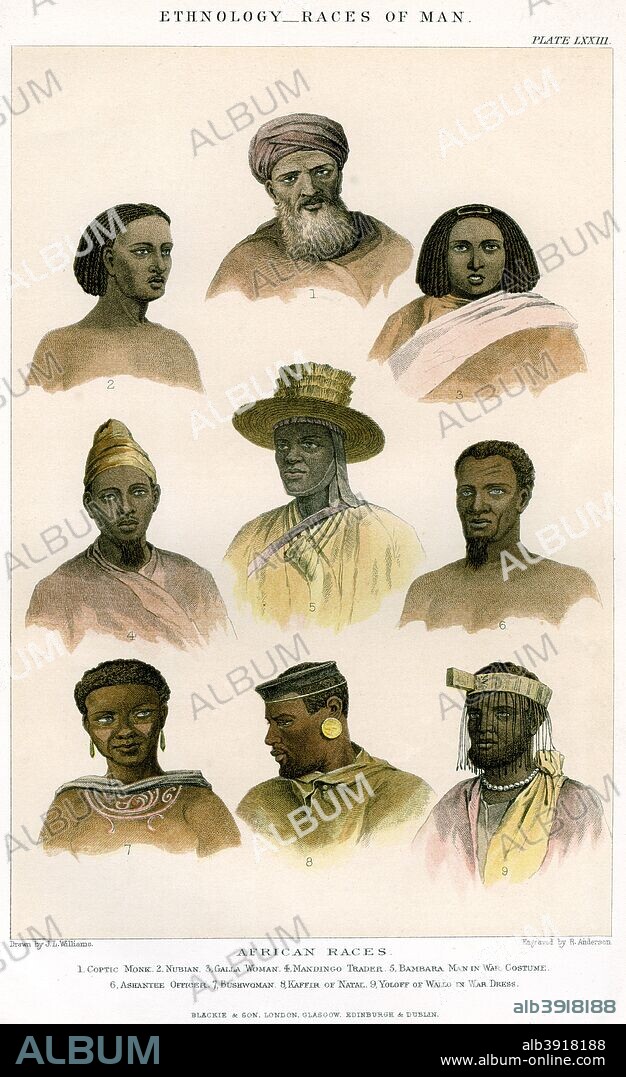 'Ethnology, Races of Man', 1800-1900. There are many different people groups and tribes across the continent of Africa - with their culture varying from tribe to tribe. Coptic Monk, Nubian, Galla Woman, Mandingo Trader, Bambara Man in War Costume, Ashantee Officer, Bushwoman, Kaffir of Natal, Yoloff of Wallo in War Dress.