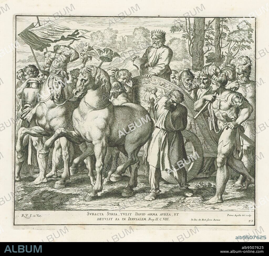 David returns to Jerusalem in triumph, Raphael Bible (series title), Paintings in Raphael's Loggia (series title), Imagines Veteris ac Novi Testamenti (series title), King David and his soldiers return to Jerusalem in triumph. David stands on a triumphal chariot drawn by two horses. Bible verse below the image. Print is part of an album., print maker: Pietro Aquila, (mentioned on object), after drawing by: Pietro Aquila, (mentioned on object), after painting by: Rafaël, (mentioned on object), print maker: Italy, after drawing by: Italy, after painting by: Vaticaanstad, publisher: Rome, Vaticaanstad, 1675, paper, etching, height 254 mm × width 290 mm.