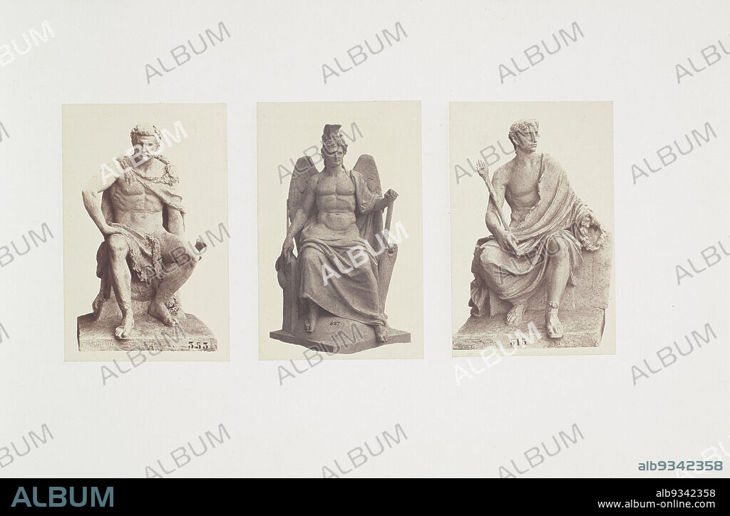 Plaster models for sculptures at the Palais du Louvre: left La Fermeté by Pierre-Bernard Prouhaen, center La Puissance by Antoine Laurent Dantan and right La Justice by Camille Demesnay, Part of Réunion des Tuileries au Louvre 1852-1857, album 2., Édouard Denis Baldus, Pierre-Bernard Prouhaen, Paris, c. 1855 - c. 1857, paper, salted paper print, height 382 mm × width 560 mm.