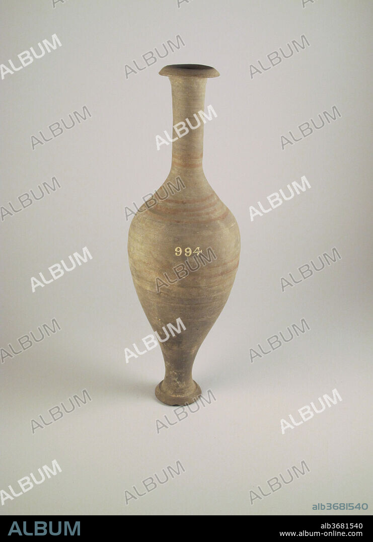 Vase, spindle-shaped. Culture: Greek. Dimensions: 9 1/16in. (23cm).
Gray clay with red painted bands.