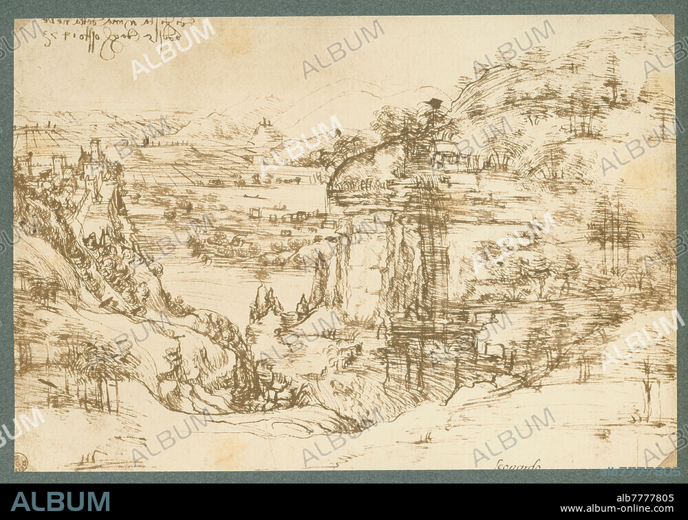 Leonardo da Vinci, 1452-1519. "Steep landscape with a lake". Facsimile of the original "Arno landscape", August 5, 1473 (pen and ink on paper, 190 × 285 mm. Inv. No. 436 E, Florence, Gabinetto Disegni e Stampe). Reproduction (carbon print) after photography of Photographische Kunstanstalt Adolphe Braun (Adolphe Braun, 1812-1877, in collaboration with Charles Braun, 1815-1872, Henri Braun, 1837-1876, and Gaston Braun, 1845-1928). From the portfolio: Drawings by Leonardo da Vinci. Reproduced and published by Braun and Cie., Paris, Dornach (Alsace), London and New York, part II, 60 hand drawings on 40 plates, no. 18. Private collection.