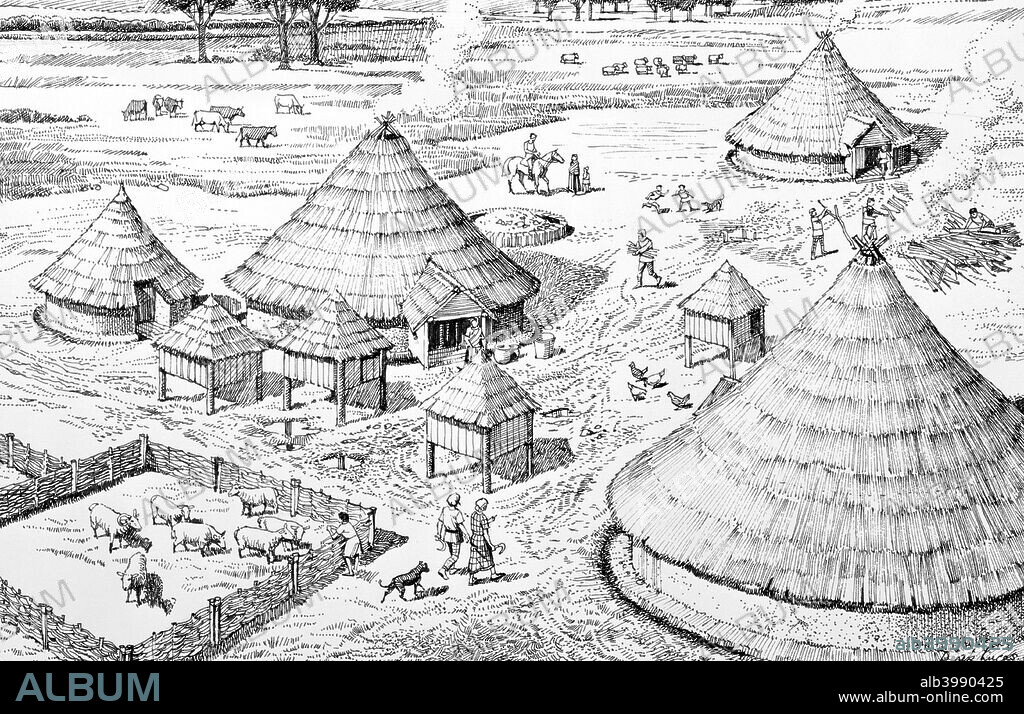 Iron Age settlement, c400-c150 BC. A reconstruction based on excavations at Dawley in west London. The buildings consist of three houses, a smaller hut for storage or cooking, and small granaries. Sheep are confined in a pen, there are also cattle, horses, dogs and chickens.