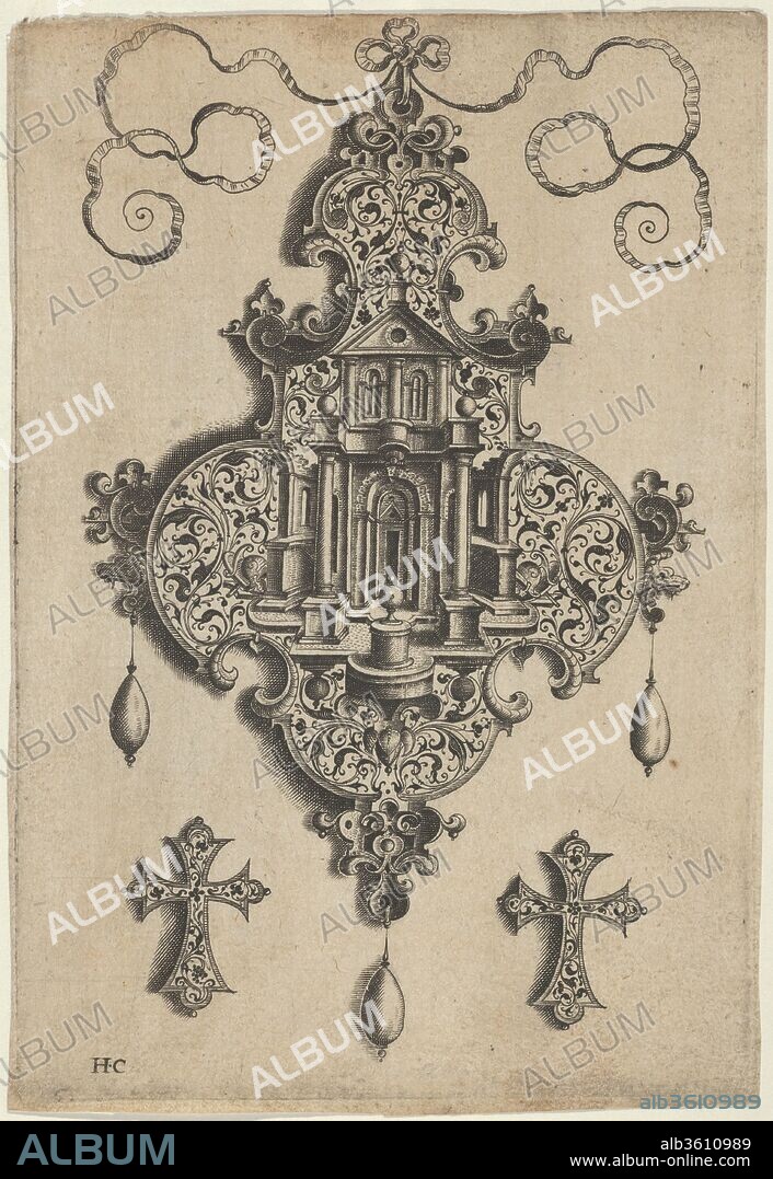 Pendant Design with a Temple and Vase Above Cross-Shaped Ornaments. Artist: Jan Collaert I (Netherlandish, Antwerp ca. 1530-1581 Antwerp). Dimensions: Sheet: 5 7/8 × 4 1/16 in. (14.9 × 10.3 cm). Publisher: published by Hans Liefrinck (Augsburg (?) 1518?-1573 Antwerp). Series/Portfolio: Pendant Designs with Architectural Elements and Vegetal-Arabesques. Date: before 1573.
Vertical panel with pendant design at center with the facade of a temple with a vase on a pedestal, with a vegetal-arabesque pattern. The pendant hangs from a ribbon and has three pearls descending below. At bottom left and right, cross-shaped earrings or buttons, also with arabesque design. From a set of ten plates with pendant designs incorporating arabesque decoration. This plate belongs to the first edition, published by Hans I Liefrinck in Antwerp before 1573.