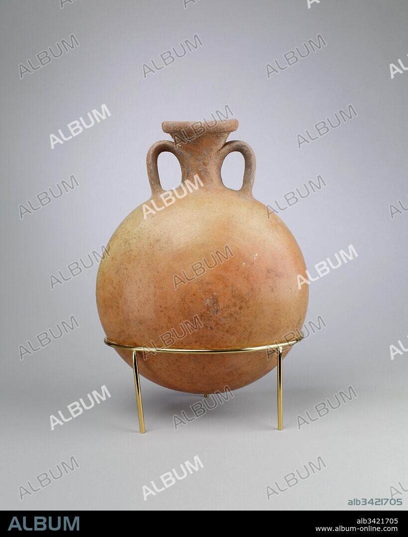 Lentoid Bottle (Pilgrim Flask), New Kingdom, Amarna Period, Dynasty 18, ca. 1353–1336 B.C., From Egypt, Middle Egypt, Amarna (Akhetaten), House U.35.30, Egypt Exploration Society excavations, 1928–29, Pottery, h. 27 cm (10 5/8 in); w. 20 cm (7 7/8 in), These are marl-clay pots excavated in the North Suburb at Amarna. The lentoid flask is a type that originates outside Amarna itself. It probably came with particular trade contents: many such lentoid flasks from Amarna show a pitting on the interior that suggests their special contents was somewhat corrosive.