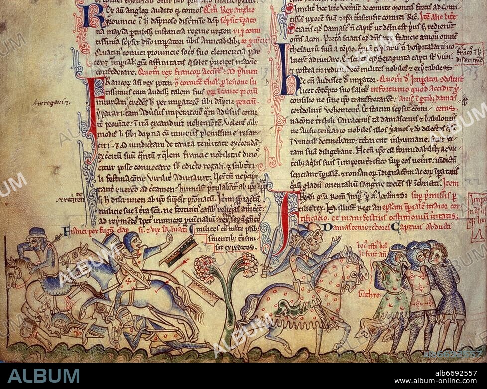 Paris, Matthew; Benediktinermönch in St. Albans und Geschichtsschreiber; um 1200 - 1259. Werke: Chronica Majora. Flüchtende Reiter und Abführung von Rittern in die Gefangenschaft. Buchmalerei, Saint-Albans, um 1240/53. Aus einer Handschrift der Chronica Majora von Paris Matthew. Ms 26, Cambridge, Corpus Christi College Library.