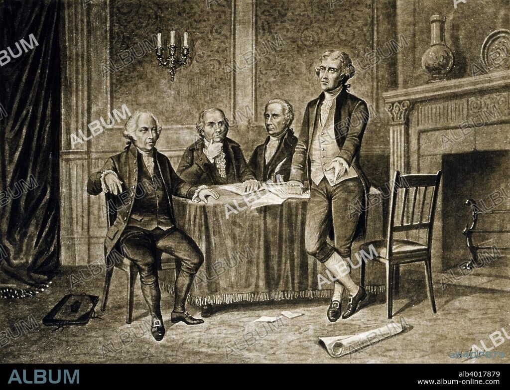 Leaders of the First Continental Congress, 1774, pub. c.1894 (b/w engraving). John Adams (1735 - 1826); Gouverneur Morris (1752 - 1816);  Alexander Hamilton (1755 - 1804); Thomas Jefferson (1743 - 1826); held at Carpenter's Hall in Philadelphia from September 5 - October 26, 1774.