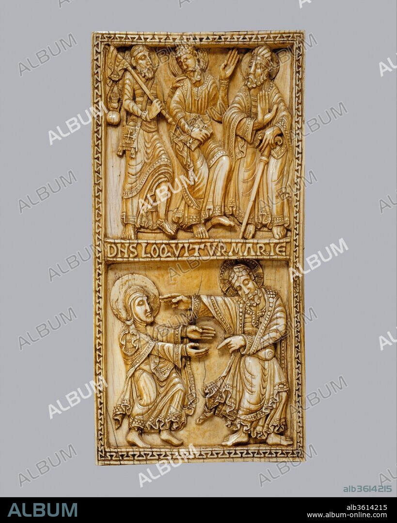 Plaque with the Journey to Emmaus and Noli Me Tangere. Culture: Spanish. Dimensions: Overall: 10 5/8 x 5 1/4 x 3/4 in. (27 x 13.4 x 1.9 cm)
Weight: 30.5oz. (866g). Date: ca. 1115-20.
According to the Gospels, Jesus appeared to his disciples several times after the Resurrection, including on the road from Jerusalem to Emmaus. In the encounter, represented at the top of this plaque, the disciples lament the Crucifixion, while Jesus explains the redemptive nature of his sacrifice. Below, Jesus appears to Mary Magdalene, who at first thinks he is a gardener. When she recognizes him, he tells her not to touch him (noli me tangere) since the Ascension has not yet occurred.
The swirling drapery, elongated bodies, and emphatic gestures convey the drama of these miraculous events and relate the plaque to works produced in León, an important royal city on the pilgrimage road. This precious ivory carving was part of a larger ensemble, perhaps a reliquary shrine decorated with other scenes from the life of Jesus.