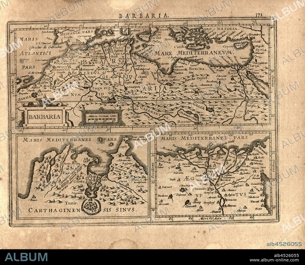 Barbary, und Gulf of Carthage, Egypt, Maps of North Africa, Tunis Region and Lower Egypt (Nile Delta), Fig. 123, p. 571, Gerhard Mercator, Jodocus Hondius, Jansson: Atlas minor Gerardi Mercatoris. Amsterodami: ex officina Ioannis Ianssonii, MDCXXXIIII [1634].