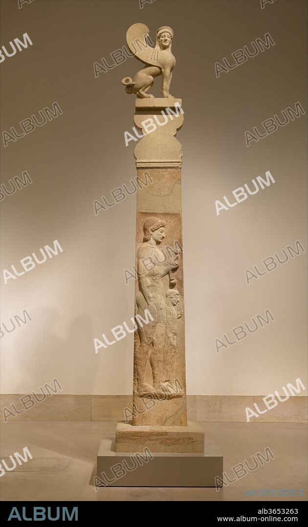 Marble stele (grave marker) of a youth and a little girl, Greek, Attic, Archaic