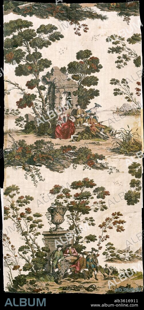 Hunting and fishing scenes. Culture: British. Dimensions: W. 39 in. (99.1 cm), L. 81 1/8 in. (206.1 cm). Manufactory: Manufactured by Robert Jones. Date: 1769.
This furnishing fabric shows fashionably dressed ladies and gentlemen leisurely pursuing the pastimes of hunting and fishing; it represents, both aesthetically and technically, the height of English textile printing in the eighteenth century. By 1761 Robert Jones had established his manufactory at Old Ford in the East End of London and had mastered the secret of colorfast copperplate printing on textiles, a process invented nine years earlier by Francis Nixon of Drumcondra, Ireland. The new technique allowed for much larger repeats and finer modeling of forms than could be achieved with traditional wood-block printing. This compensated for the fact that the complexity of the design and the restrictions of copperplate printing required that only one color be used.
In this tour de force Jones combined the best aspects of both processes and used each to full advantage. The vertical repeat of the pattern is exceptionally long, slightly more than eighty-one inches, and necessitated two separate copperplates. The principal elements of the design were first plate printed in aubergine. Additional colors were subsequently added by wood-block printing--a technique involving great skill and time to ensure that all impressions register properly--and penciling. It is not surprising, therefore, that only two other examples of this particular composition exist in public collections (Victoria and Albert Museum, London; Musée des Arts Décoratifs, Paris).
Although the designer of these scenes has not been identified, such stylishly adorned gentry sporting in a landscape replete with architectural ruins and towering trees frequently appear in contemporary English paintings and prints.