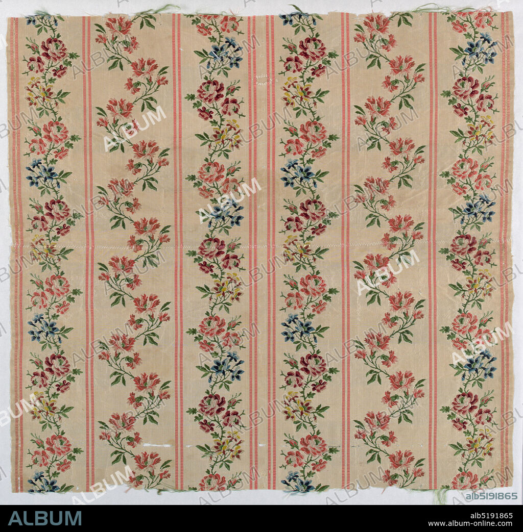 Textile, Medium: silk Technique: plain compound weave with supplementary weft, Paired pink warp-ribbed stripes setting off floral serpentines of bright, multicolored flowers on a cream-colored ground., France, ca. 1775, woven textiles, Textile.