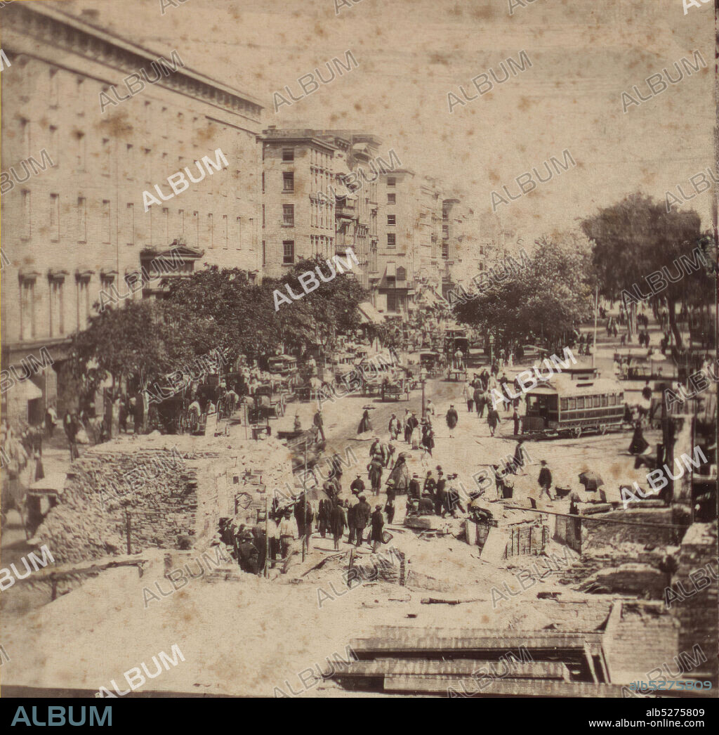 Looking up Broadway from the corner of Fulton Street, showing the ruins of Barnum's Museum., 1860, New York (State), New York (N.Y.), New York, Broadway (New York, N.Y.), Manhattan (New York, N.Y.).