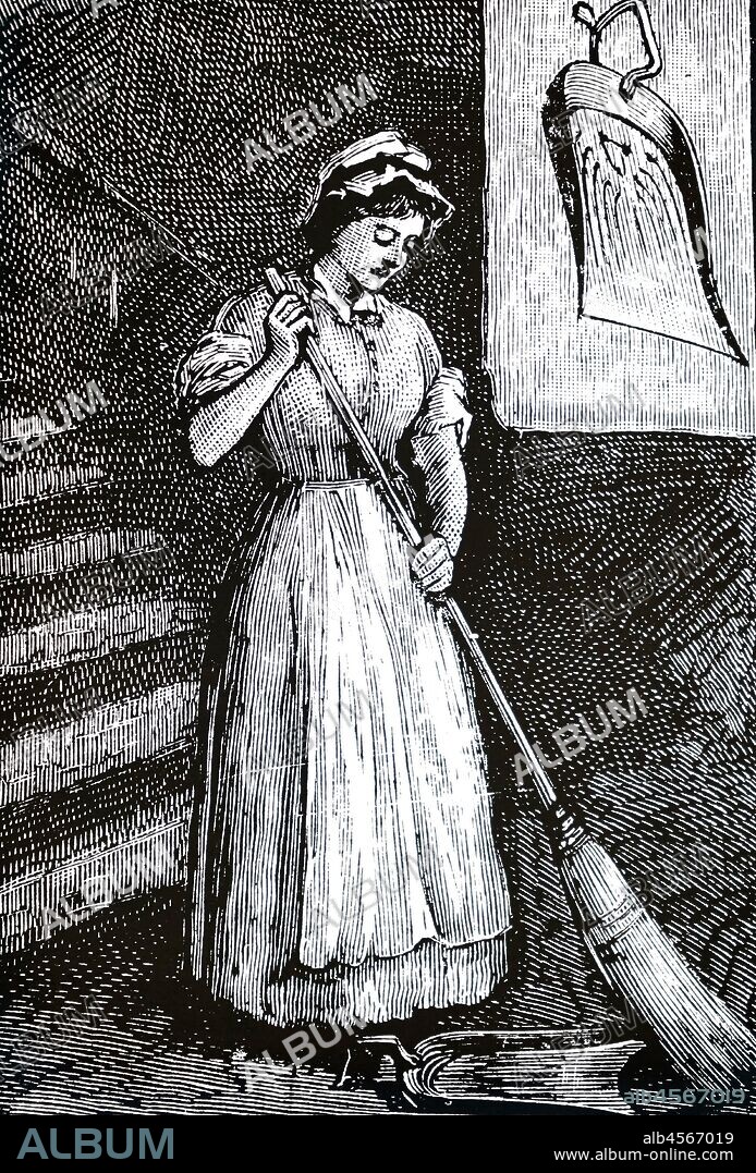 An engraving depicting a parlour maid using an improved dustpan which enabled the maid to hold the pan with her foot while sweeping dust into it without having to bend down. Dated 19th century.