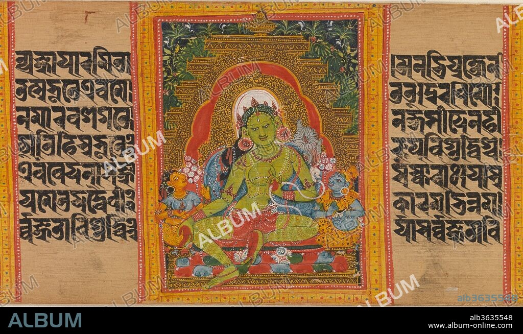 Green Tara, Folio from a dispersed Ashtasahasrika Prajnaparamita (Perfection of Wisdom) Manuscript. Culture: India (Bengal) or Bangladesh. Dimensions: 2 3/4 x 16 1/2 in. (7 x 41.9 cm). Date: early 12th century.
Enshrined image of seated Green Tara with pendant leg and blue lotus, with two female attendants, one holding a vajra; the other, Mahakali, holding a flaying knife and skullcup (kapala).