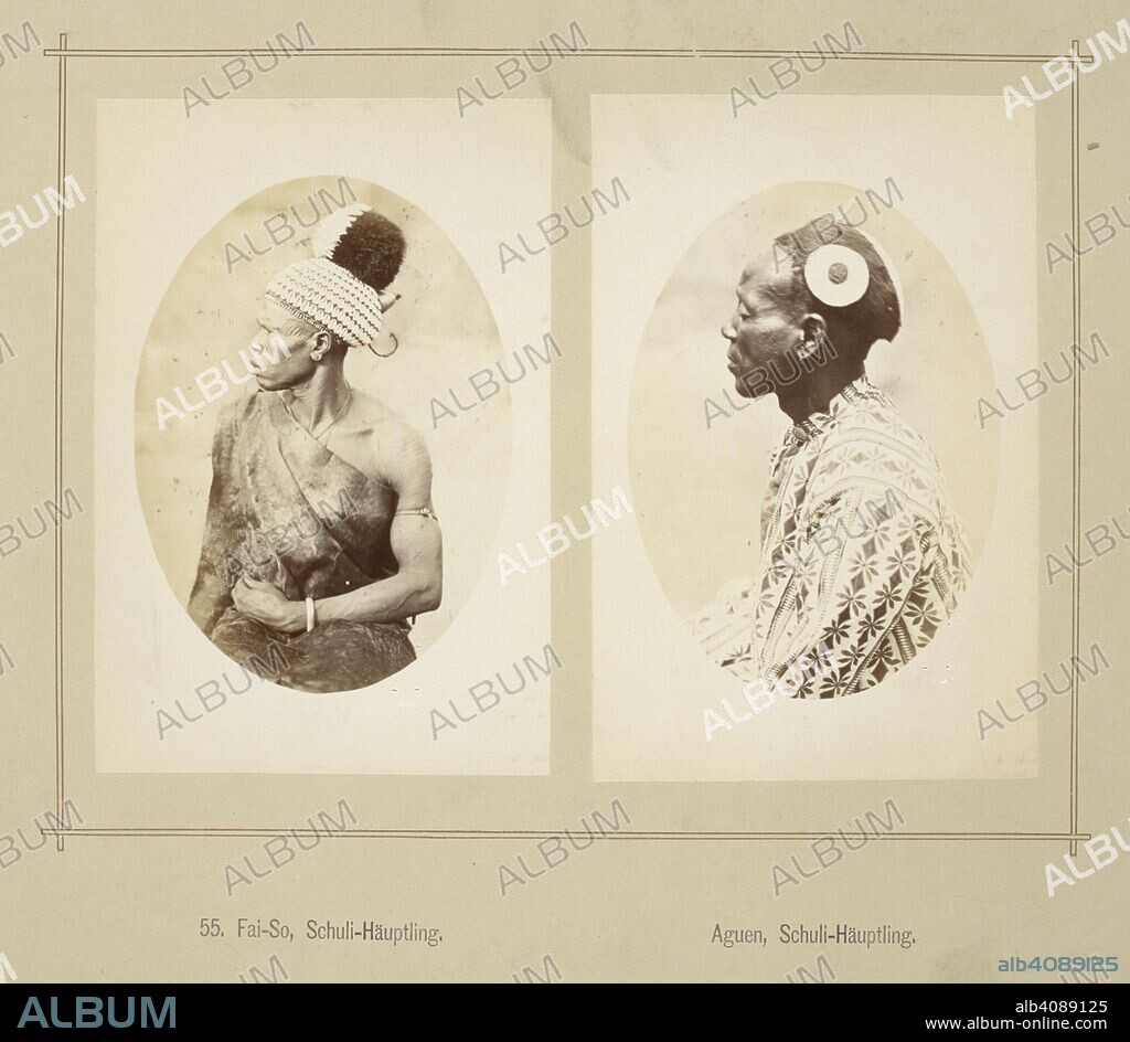 RICHARD BUCHTA. (Left): portrait of an Acholi chief, identified as Faiso, wearing an animal skin and a cowrie decorated headdress surmounted by a feather or fibre contrasting plume.  (Right): Portrait of an Acholi chief, identified as Aguen, wearing a patterned shirt with a disk hair ornament.  . Die oberen Nil-LaÌˆnder. Volkstypen und Landschaften. Dargestellt in 160 Photographien. Nach der Natur aufgenommen von R. Buchta. Mit einer Einleitung von Dr. Robert Hartmann. Berlin, 1881. Source: 1789.a.13 plate 55. Language: German.