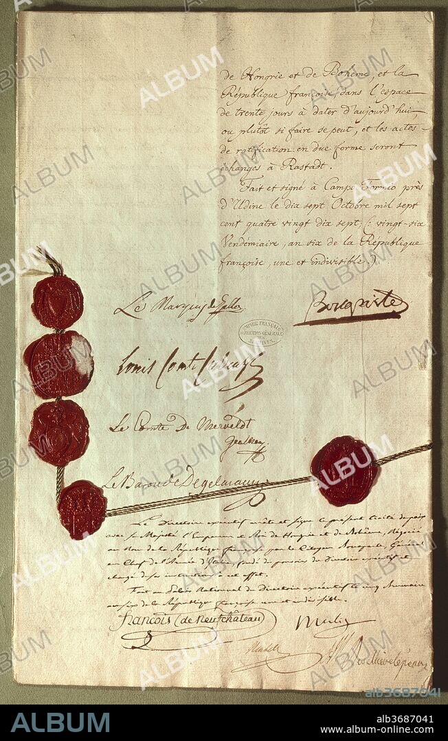 Manuscript, Treaty of Campo Formio, signed by Napoleon Bonaparte in 1797, Paris . Archives Nationales.