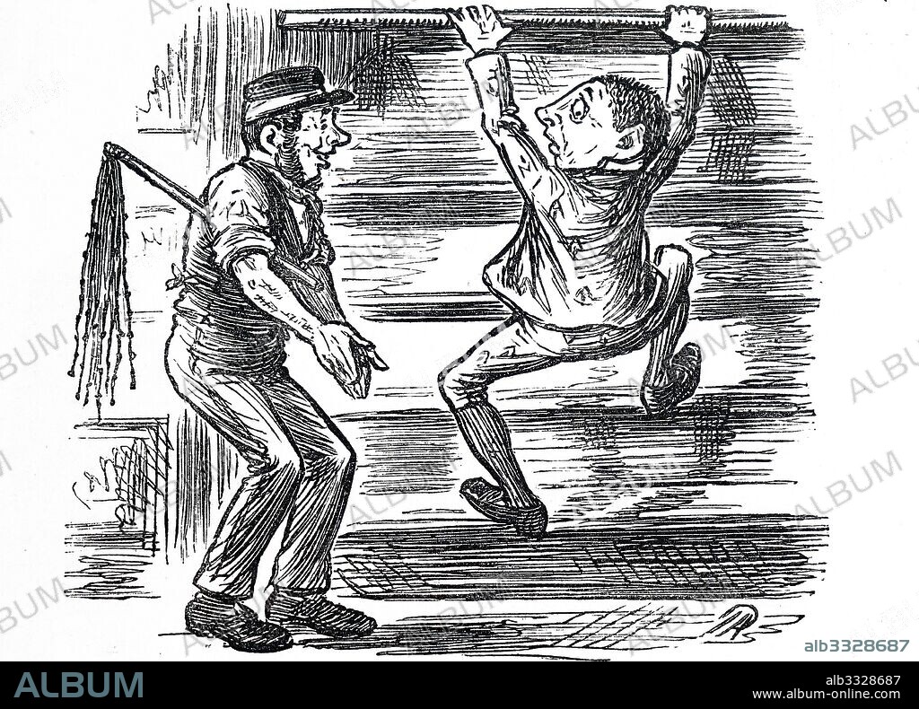 Cartoon prison officer is shown catching a convict climbing the prison wall. He is shown with a cat-o-nine-tails, a whip known for it's extreme pain. Dated 1882.