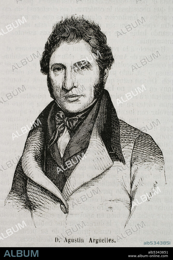 ILDEFONSO CIBERA. SPANISH ILLUSTRATOR AND XYLOGRAPHER OF THE SECOND HALF OF THE 19TH CENTURY.. Agustín José Argüelles Alvarez (1776-1844). Known as "El Divino". Spanish liberal politician, diplomat, minister and president of the Congress of Deputies in 1841. He was tutor to Queen Isabella II. Portrait. Engraving by Cibera. Historia General de España by Father Mariana. Madrid, 1853.