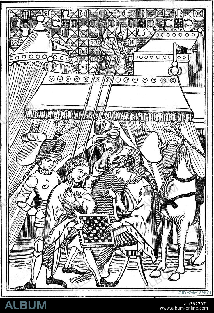 Ancient Chess Play, 14th century, (1833). Illustration after a manuscript in the Harleian Collection of the British Library. An engraving from The Sports and Pastimes of the people of England, by Joseph Strutt, (London, 1833).