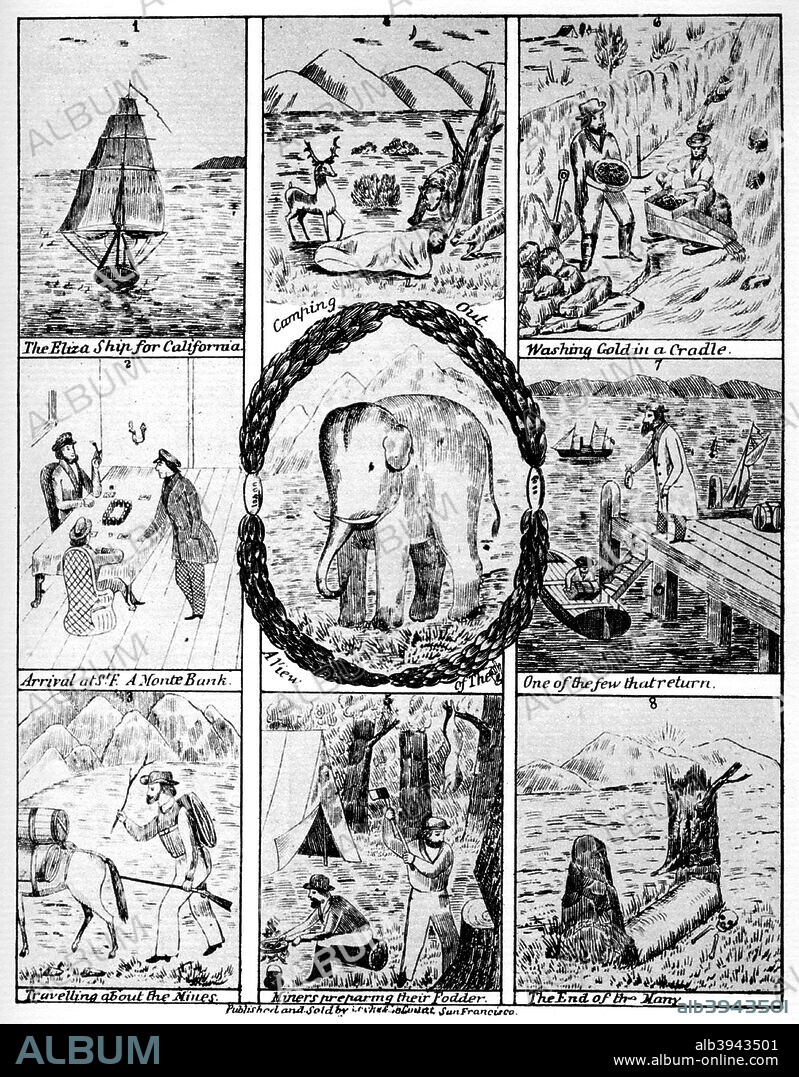 Scenes from the California gold rush, 1849 (1937). Scenes include: the 'Eliza' heading for California; the arrival at San Francisco; travelling about the mines; camping out; miners preparing their fodder; washing gold in a cradle; one of the few that return; and the end of the many. From Old California, In Pictures and Story, by Stewart Edward White and published by Doubleday, Doran and Company (New York, 1937).