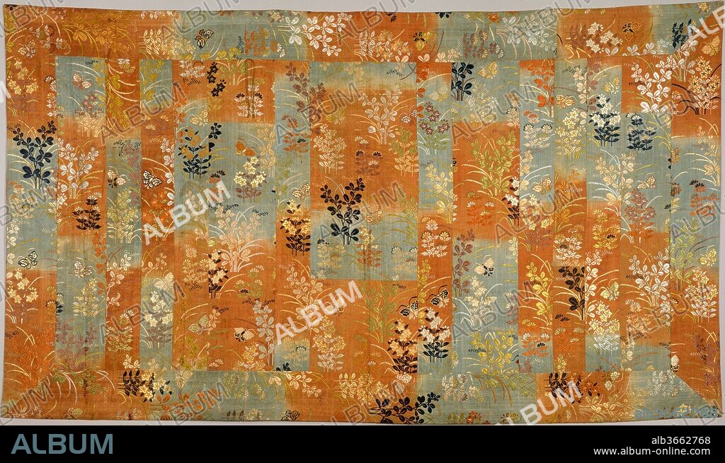 Buddhist Vestment (Kesa) Made from a Noh Costume (Karaori) with Autumn Grasses and Butterflies. Culture: Japan. Dimensions: Overall: 46 1/2 x 79 3/4 in. (118.1 x 202.6 cm). Date: 18th-19th century.
Buddhist vestments were often made from donated garments or textiles. Perhaps ironically, this kesa, once used by an old monk, was probably fashioned from a gorgeous eighteenth-century karaori, a type of costume worn by a male actor playing the role of a young woman in a Noh play. Karaori (translated literally as "Chinese weaving") is also the name of a type of multicolored brocaded silk, and this textile has a pattern of butterflies and autumn grasses on a ground of blue and red. The autumn plants all belong to the standard group of seven used in Japanese art and poetry: bush clover (hagi); Chinese bellflower (kikyo); miscanthus grass (obana); "purple trousers" flower (fujibakama); large pink (nadeshiko); pampas grass (susuki), and valerian, sometimes called maiden flower (ominaeshi).