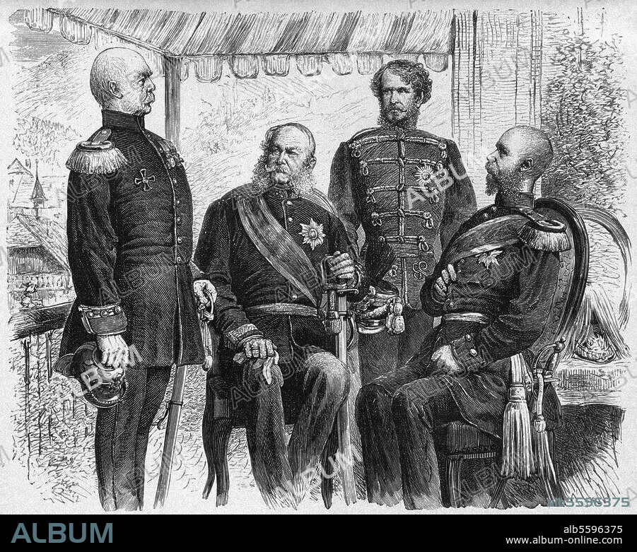 Secret Dual Alliance between German Reich and Austria-Hungary, signed on. 16/17 October 1879. Emperors Wilhelm I and Franz Joseph I with their ministers Bismarck and Andrassy in Bad Gastein, Austria, August 1879. Contemporary woodcut.