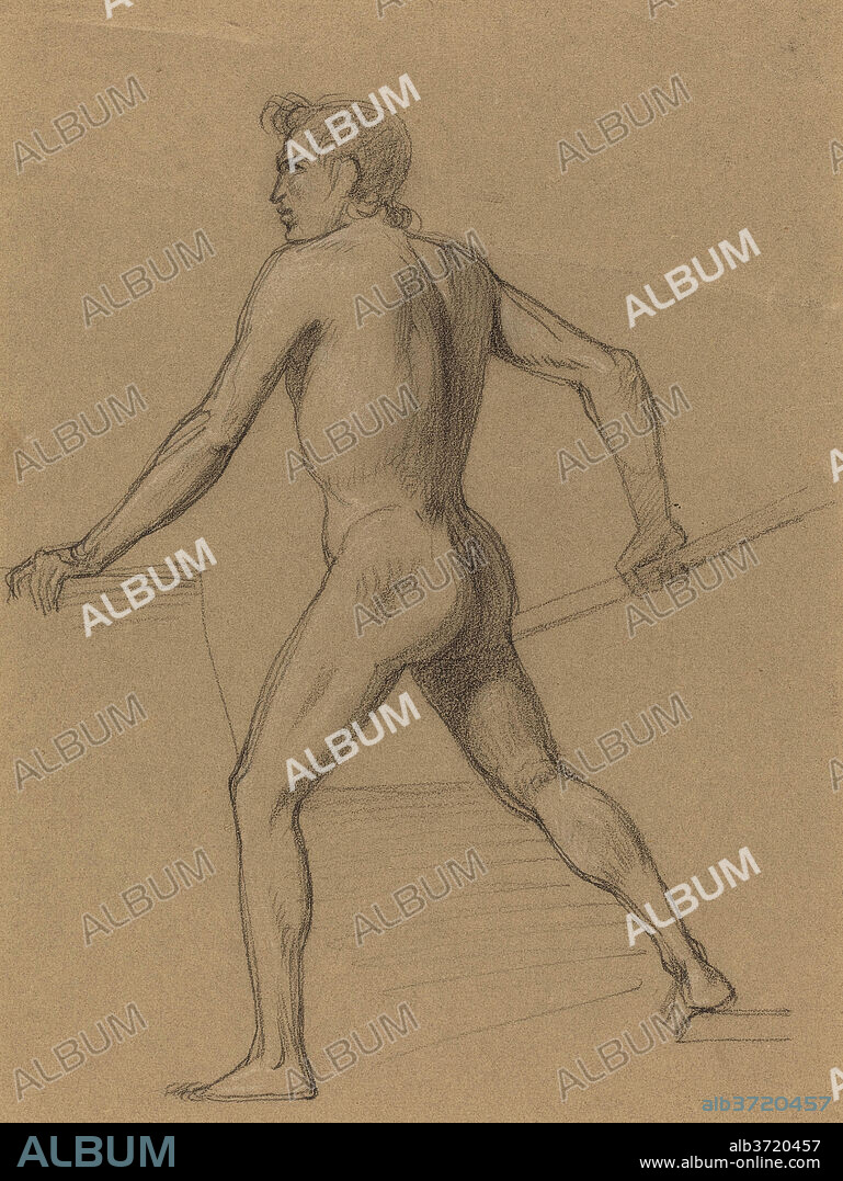 TOMMASO MINARDI. A Male Nude Moving to the Left. Dimensions: sheet: 26.2 x  18.5 cm (10 5/16 x 7 5/16 in.). Medium: black chalk, heightened with white  chalk on olive-green - Album alb3720457