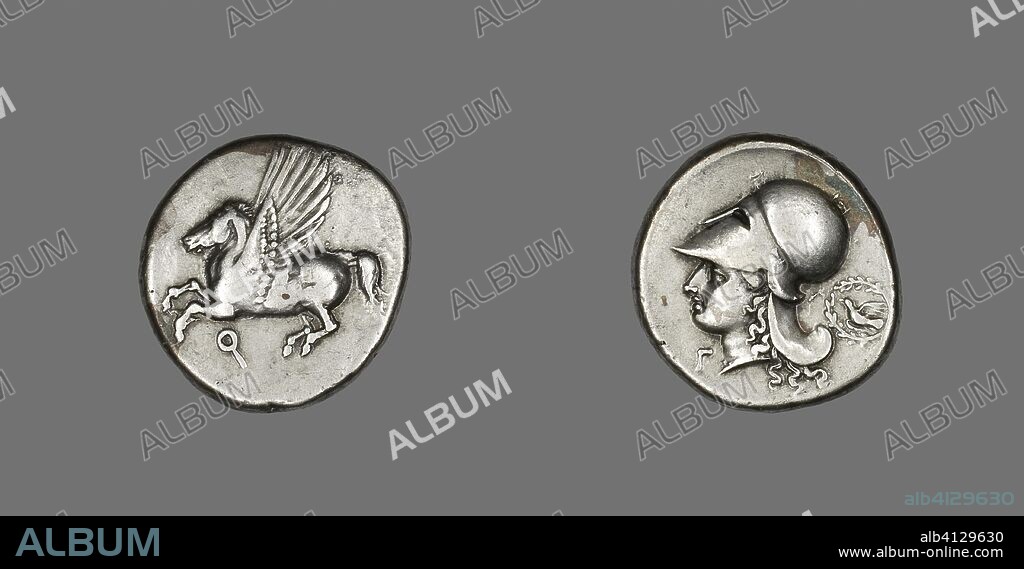 ANCIENT GREEK. Stater (Coin) Depicting Pegasus. Greek; minted in Corinth. Date: 350 BC-338 BC. Dimensions: Diam. 2.2 cm; 8.48 g. Silver. Origin: Corinth.