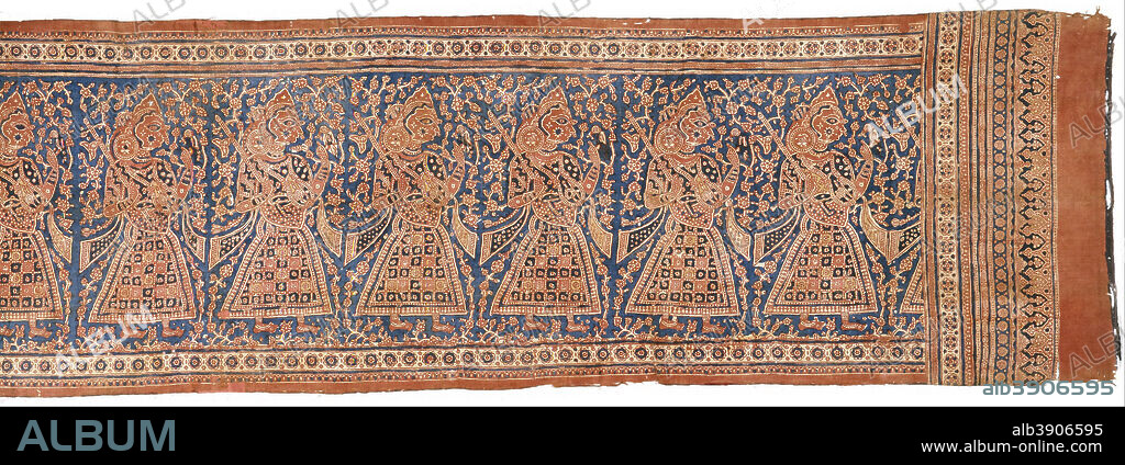  A long, narrow, blue and brown colored ceremonial textile with images of the Javanese 'Wali Sanga' (the nine Muslim saints) arranged in a row.