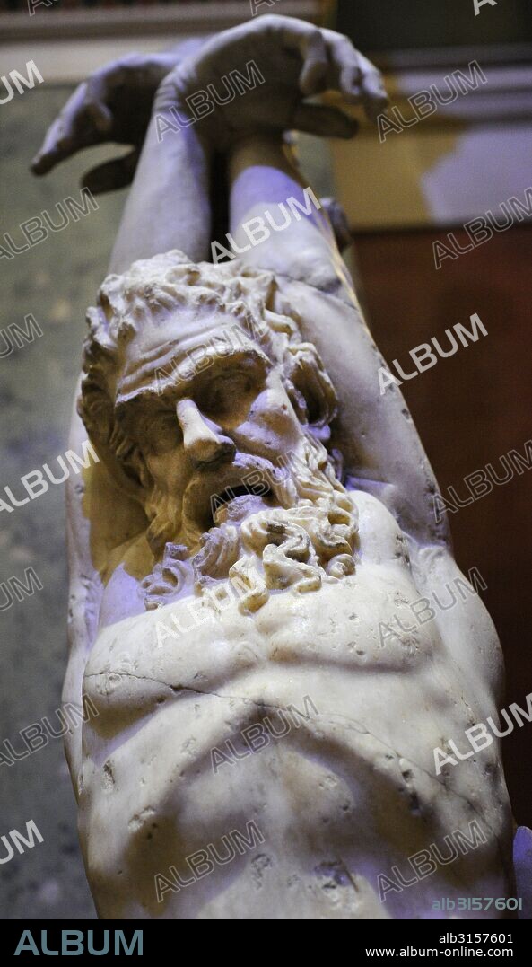 The Torment of Marsyas. Roman work of the 1st-2nd century AD. Marble. Silenus Marsyas was punished for daring to challenge Apollo to the music contest. Fragment of the sculptural group of the 3rd century BC. The State Hermitage Museum. Saint Petersburg. Russia.