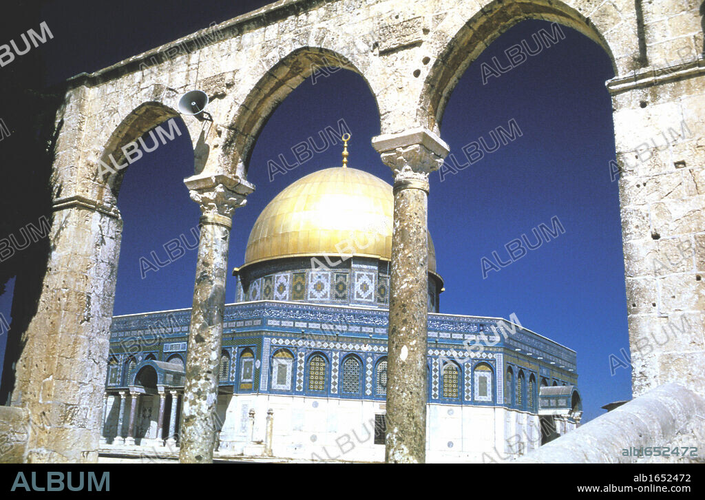 Jerusalem - The Dome of the Rock. Oldest existing Muslim monument, built 685-691 as a shrine for pilgrims (a mashhad). The Rock is sacred to Muslims as site from which Muhammad ascended to heaven, and to Jews as place where Abraham prepared to sacrifice Isaac.