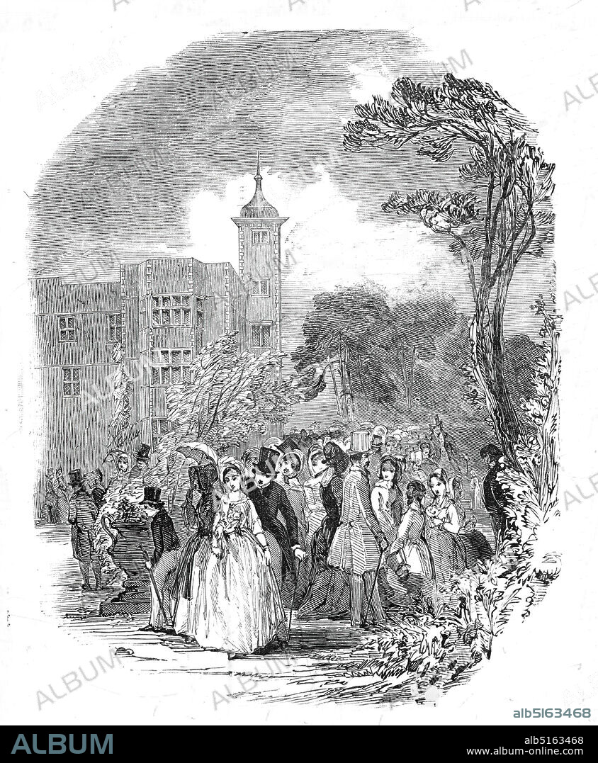 The Fete Champetre at Charlton House, sketched by G. Harrison, 1845. Garden party at Charlton House at Greenwich in south-east London. 'The mansion is placed upon a hill of gradual ascent, and commands a noble prospect of the Thames: it is of red brick, with stone finishings, and an open balustrade round its summit above which rise stacks of chimneys, and two small towers that surmount the projecting wings of the principal front and agreeably diversify the general outline'. From "Illustrated London News", 1845, Vol VII.