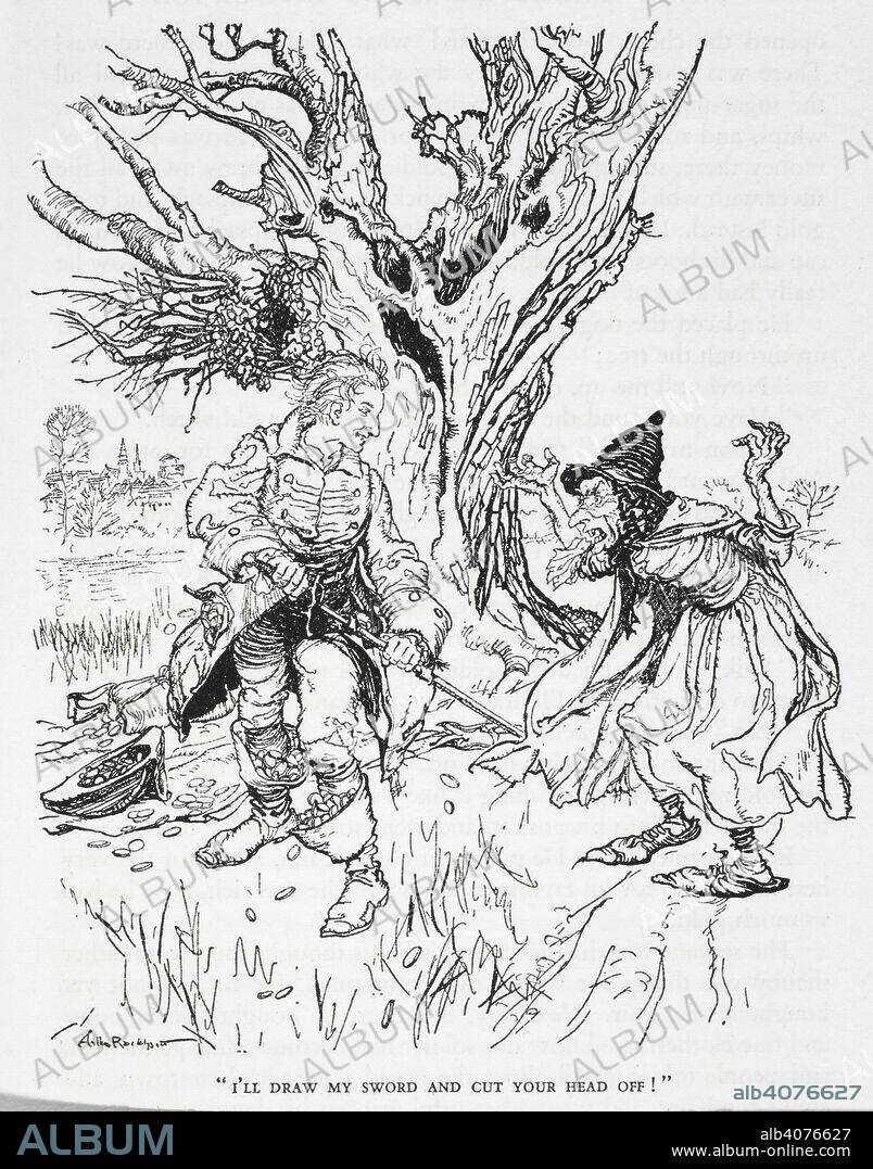 HANS CHRISTIAN ANDERSEN and ARTHUR RACKHAM. "I'll draw my sword and cut your head off !". A soldier facing a witch. Illustration for 'the tinder-box'. Fairy Tales ... Illustrated by Arthur Rackham [and selected by him]. London : G. G. Harrap & Co., 1932. Source: C.194.b.161 page 157.