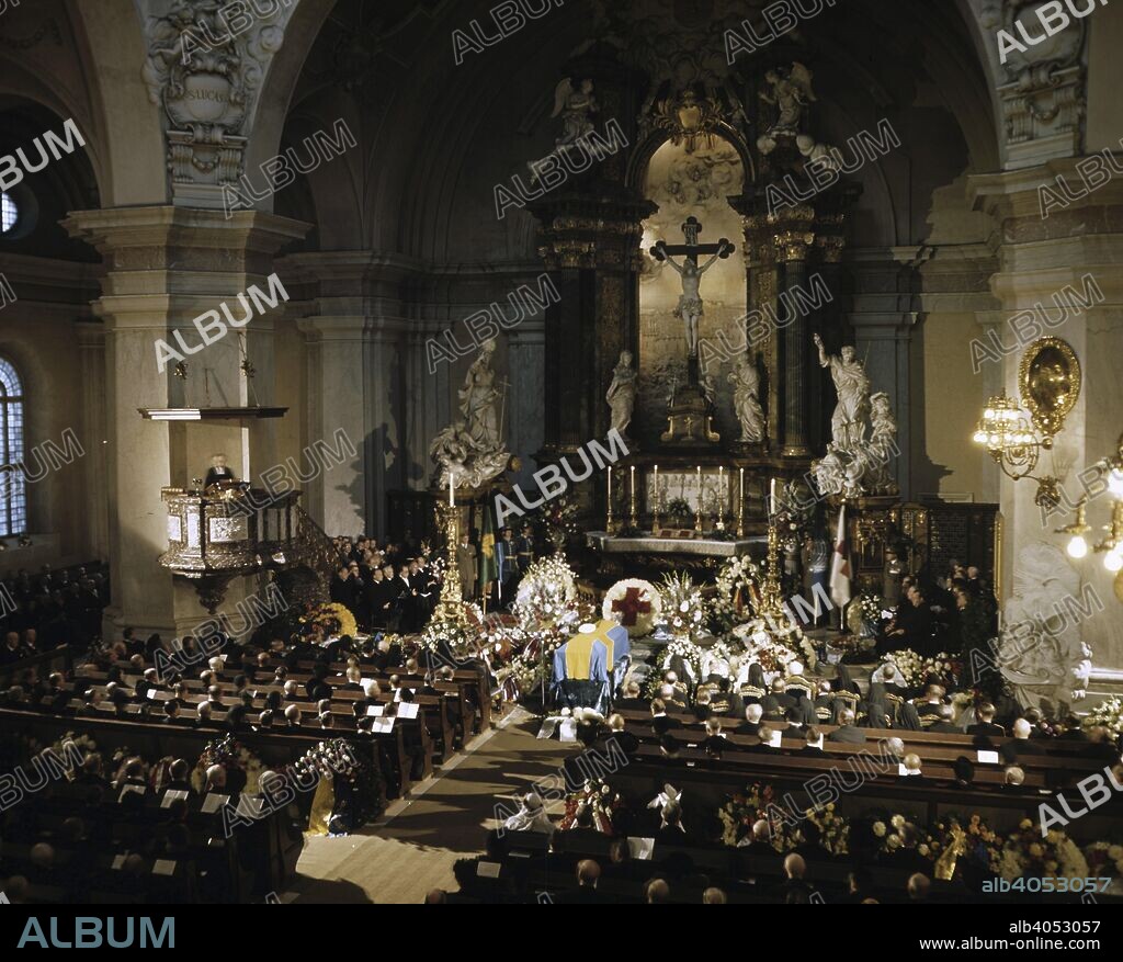 The funeral of Count Folke Bernadotte, Gustav Vasa Church, Stockholm, Sweden, 1948. Vice-president of the Swedish Red Cross, Count Folke Bernadotte (1895-1948) negotiated for the release of over 30,000 prisoners from German concentration and prisoner-of-war camps in World War II. He became the United Nation Security Councils' mediator after the Arab-Israeli conflict of 1947-1948. He was assassinated, along with UN observer Colonel André Serot, in Jerusalem on 17 September 1948  by members of the Zionist extremist 'Stern Gang'.