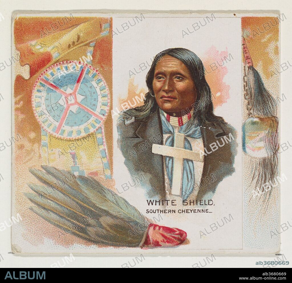 White Shield, Southern Cheyenne, from the American Indian Chiefs series (N36) for Allen & Ginter Cigarettes. Dimensions: Sheet: 2 7/8 x 3 1/4 in. (7.3 x 8.3 cm). Publisher: Issued by Allen & Ginter (American, Richmond, Virginia). Date: 1888.
Trade cards from the "American Indian Chiefs" series (N36), issued in 1888 in a set of 50 cards to promote Allen & Ginter brand cigarettes. Series N36 reproduces the cards from N2 in a larger size.