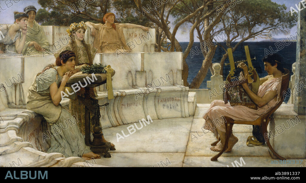 SIR LAWRENCE ALMA-TADEMA, R. A., O. M.. Sappho and Alcaeus. Date/Period: 1881. Oil paintings; panel paintings. Oil on panel oil on panel. Height: 104.14 mm (4.10 in); Width: 122 mm (4.80 in).