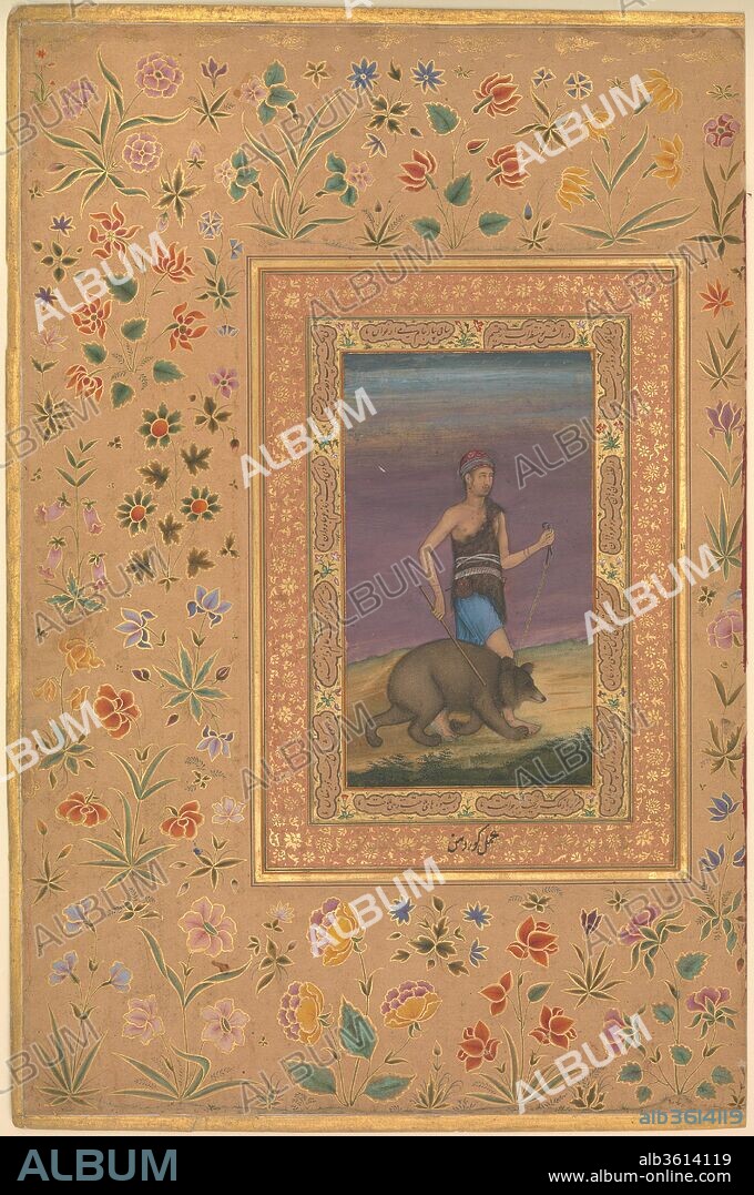 "Dervish Leading a Bear", Folio from the Shah Jahan Album. Artist: Painting by Govardhan (active ca. 1596-1645). Calligrapher: Mir 'Ali Haravi (d. ca. 1550). Dimensions: H. 15 5/16 in. (38.9 cm)
W. 10 1/16 in. (25.6 cm). Date: recto: ca. 1630-40; verso: ca. 1530-40.
This painting of a dervish reflects the Mughal interest in holy men. Prince Dara-Shikoh, Shah Jahan's eldest son, became a serious student of these spiritual beliefs and this painting was most likely executed under his patronage. 
A dervish wearing a brown animal fur covering, earrings, bangles, an anklet leads a dark brown bear by a leash. The red earing and iron bangles are customary accessories worn by dervishes of the Qalandar and Haydari orders. His forearms and chest are dotted with markings, caused by self-inflicted burns. These marks, known as dagh (hot) in Persian, demonstrate faithfulness and love for God. 
The scene suggests an allegory familiar to Sufis in which the higher self (here perhaps symbolized by the dervish) struggles to overcome his baser instincts (the bear). His burns, ragged garb, fasting, and wandering give him strength in this struggle. 
The Shah Jahan Album, also known as the Emperor's Album, features fifty illustrated and calligraphic folios, forty-one of which belong to the Metropolitan Museum, and nine of which reside in the collection of the Freer Gallery of Art. 
In lower part of second border around the portrait, Shah Jahan's handwriting identifies this as "Work of Govardhan.".