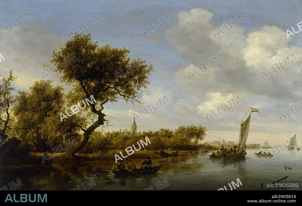 SALOMON VAN RUYSDAEL. River Landscape with a Church in the Distance. Date/Period: Ca. 2018 1655-60. Painting. Oil on panel. Height: 50.8 cm (20 in); Width: 80.3 cm (31.6 in).