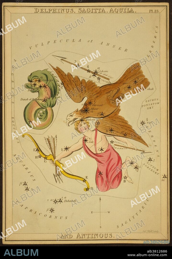 Astronomical chart showing Antinous with bow and arrows, an eagle, and a dolphin forming the constellations. Delphinus is a constellation in the northern sky, close to the celestial equator. Its name is Latin for dolphin. Sagitta is Latin for arrow, and it should not be confused with the larger constellation Sagittarius, the archer. Although Sagitta is an ancient constellation, it has no star brighter than 3rd magnitude. Aquila constellation, its name is Latin for eagle and it represents the bird who carried Zeus/Jupiter's thunderbolts in Greco-Roman mythology. Aquila lies just a few degrees North of the celestial equator. It is one of the smaller constellations, ranked 69th in size. They were three of the 48 constellations listed by the 2nd century astronomer Ptolemy, and they remain among the 88 modern constellations defined by the International Astronomical Union. Antinous is an obsolete constellation no longer in use by astronomers, having been merged into Aquila, which it bordered to the North. Urania's Mirror is a boxed set of 32 constellation cards first published by Samuel Leigh of the Strand, London, in or shortly before 1825. An unidentified lady, referred to by her nom-de-plume, Jehoshaphat Aspin, designed these whimsical astronomy cards. The engraver was Sidney Hall.