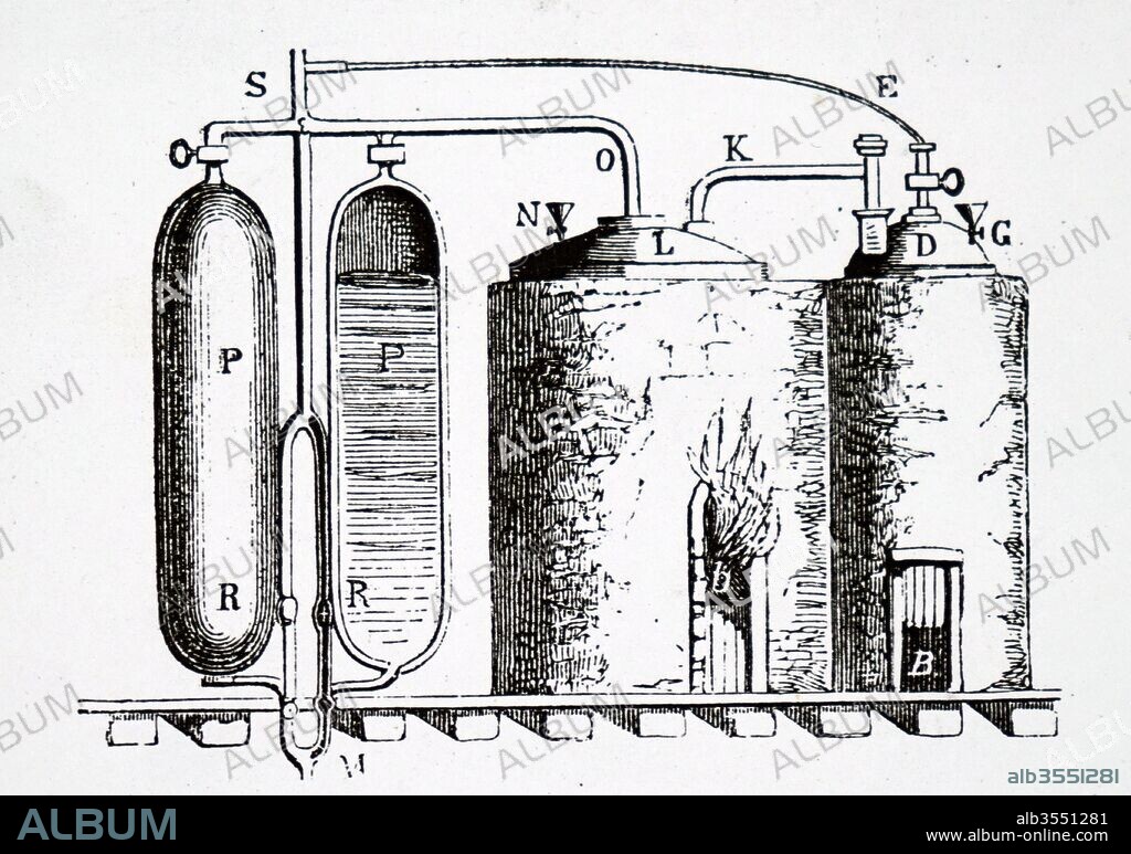 Diagram depicting Thomas Savery's steam engine of 1699 for pumping water from mines. Double furnace (right) with boilers, whose steam passes to cylinders (PP) It is next cooled, which causes partial vacuum (PP) that sucks up water through pipe M. Thomas Savery (1650-1715) an English inventor and engineer. Dated 19th century.