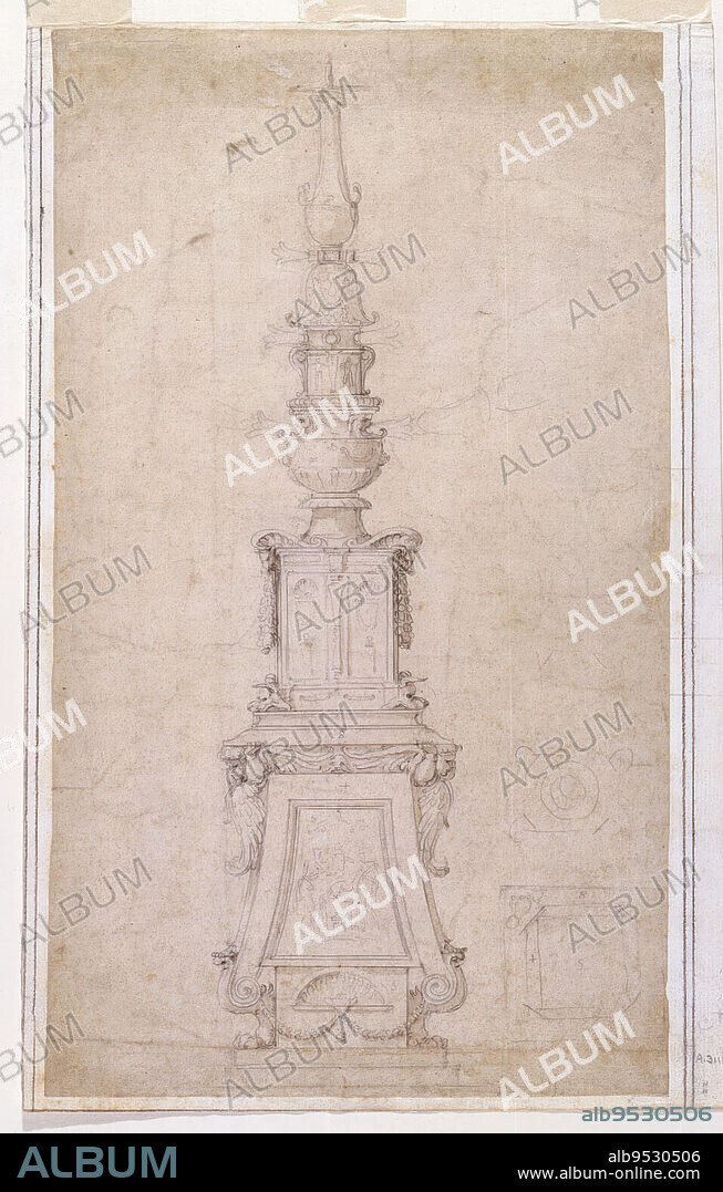 MICHELANGELO. A candlestick, in elevation, resting on upper and lower pedestals. The lower pedestal, supported by lion's feet, is flanked by terminal, winged, caryatid cherubim (or seraphim) perching on curling volutes; in between is a central panel depicting a scene of sacrifice (a figure with arms outstretched is between two standing figures flanking a bull (?) splayed on the altar). Between the lion's paws at the base (on the lowest rectangular block), there is a scalloped lunette with an urn at its center, from which hang paired festoons. At the top of the lowest pedestal, the wings of the addorsed cherubim terminate in a frontal, bald-headed mask with fin-like jowls. These cherubim support the stepped, base molding (scored with a stylus) of the upper pedestal which is flanked by two ram heads, with garlands hanging from their mouths, above two animal masks. Two cinerary urns in niches decorate the upper pedestal's central panel. Atop the two-tiered pedestals, the upper candlestick shaft consists of a vase surmounted by an urn and another upper section. A baluster crowns the shaft. Faintly sketched are six branches (three on either side of the upper shaft) to suggest an overall seven-branched candlestick design. At the lower right, two plan sketches with numbers ("8" and "5") indicating, probably, the size of the marble block needed to carve the corresponding sections of the candelabrum (as Sir Timothy Clifford has called it); the numbers correspond to others on the more finished drawing. Some believe the design might have been intended to be realized in metal. Black chalk, brush and brown wash, incised lines and compass points on cream laid paper, lined. Date: 1520-30.