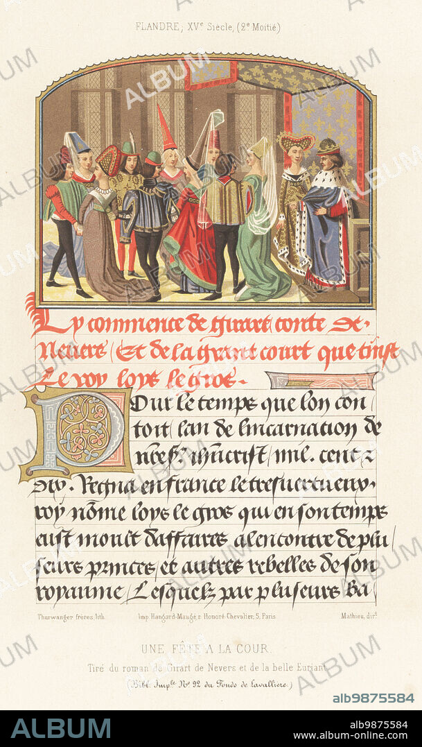 King Louis VI and queen at a ball at court, France, later 15th century. King Louis the Fat at right with queen (Adelaide of Maurienne or Lucienne of Rochefort) in a gold dress trimmed with ermine. Courtiers in hennin hats, gowns with trains. Une fete a la cour. France, XVe siecle. Taken from the Roman de Girart de Nevers, Fonds de la Valliere MS 22, Bibliotheque Imperiale. Chromolithograph by the Thurwanger brothers from Charles Louandres Les Arts Somptuaires, The Sumptuary Arts, Hangard-Mauge, Paris, 1858.