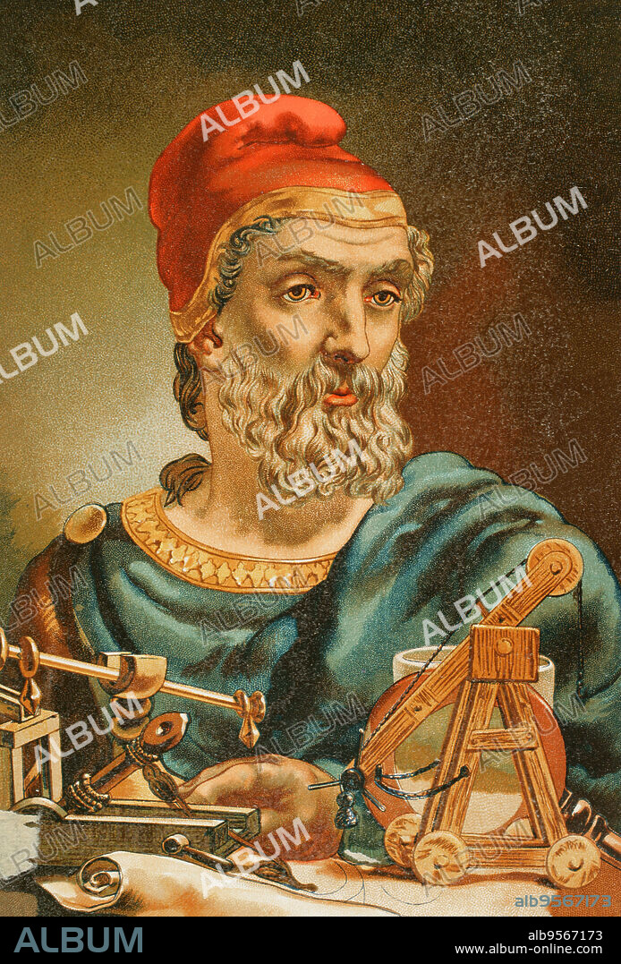 Archimedes (287 BC - 212 BC). Ancient Greek mathematician and inventor. Portrait. Chromolithography. "Historia Universal" by César Cantú. Volume III, 1882.