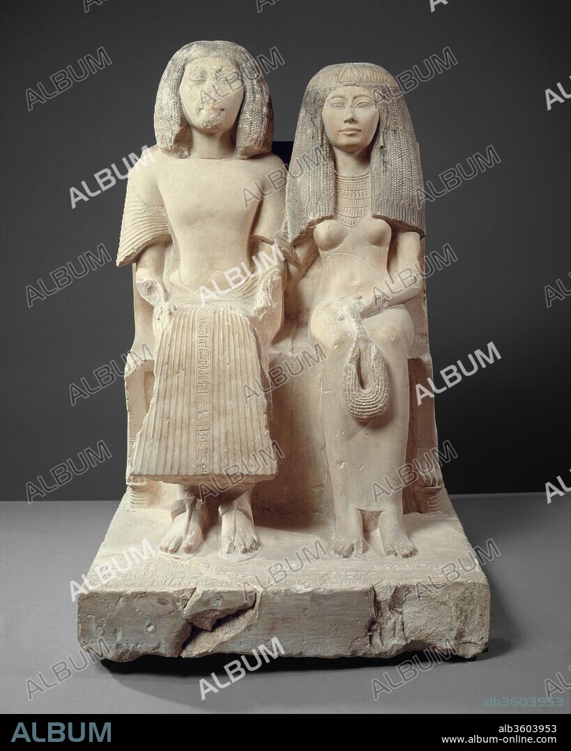 Yuny and His Wife Renenutet. Dimensions: H. 84.5 cm (33 1/4 in); w. 54.5 cm (21 7/16 in); d. 73 cm (28 3/4 in). Dynasty: Dynasty 19. Reign: reign of Seti I. Date: ca. 1294-1279 B.C..
These figures represent Yuny seated next to his wife Renenutet. Yuny, who lived in the city of Asyut, was a chief royal scribe and holder of many other offices, perhaps including that of physician. Additional inscriptions on the base of the statue further elaborate Yuny's responsibilities. On the center fold of Yuny's pleated skirt is an inscription that reads: "May everything that comes forth upon the offering table of [the god] . . . and all pure food that comes forth from the Great Enclosure [the temple complex at Heliopolis] be for the chief scribe, royal scribe of letters, Yuny, justified."
Renenutet affectionately places her right arm around her husband's shoulders. On the back of the statue she is described as a singer of Amun-Re. In her left hand, she holds by its metal counterweight a heavy bead necklace called a menat. Menat necklaces were ritual implements that were held in the hands and shaken like cymbals, especially in the service of the goddess Hathor, but also when entering the presence of other deities..
Appropriate to their high secular and religious positions, Yuny and Renenutet wear the elaborate wigs and fine linen attire fashionable in their time. Renenutet is adorned with a lotus fillet and a necklace called a broad collar. The beads are in the shape of nefer hieroglyphs (meaning "good" or "beautiful"), offering vases, and floral petals. Traces of black remain on the wigs. The couple sit together on a bench with elegantly carved lion-paw feet.
On the back of the chair in both sunken and raised relief are two scenes illustrating the ancient Egyptian ideal of affection and remembrance among family generations. In the upper register, Yuny and Renenutet receive offerings from their son; in the lower, Renenutet offers food and drink to her parents.
Another statue depicting Yuny by himself is on display in gallery 130.