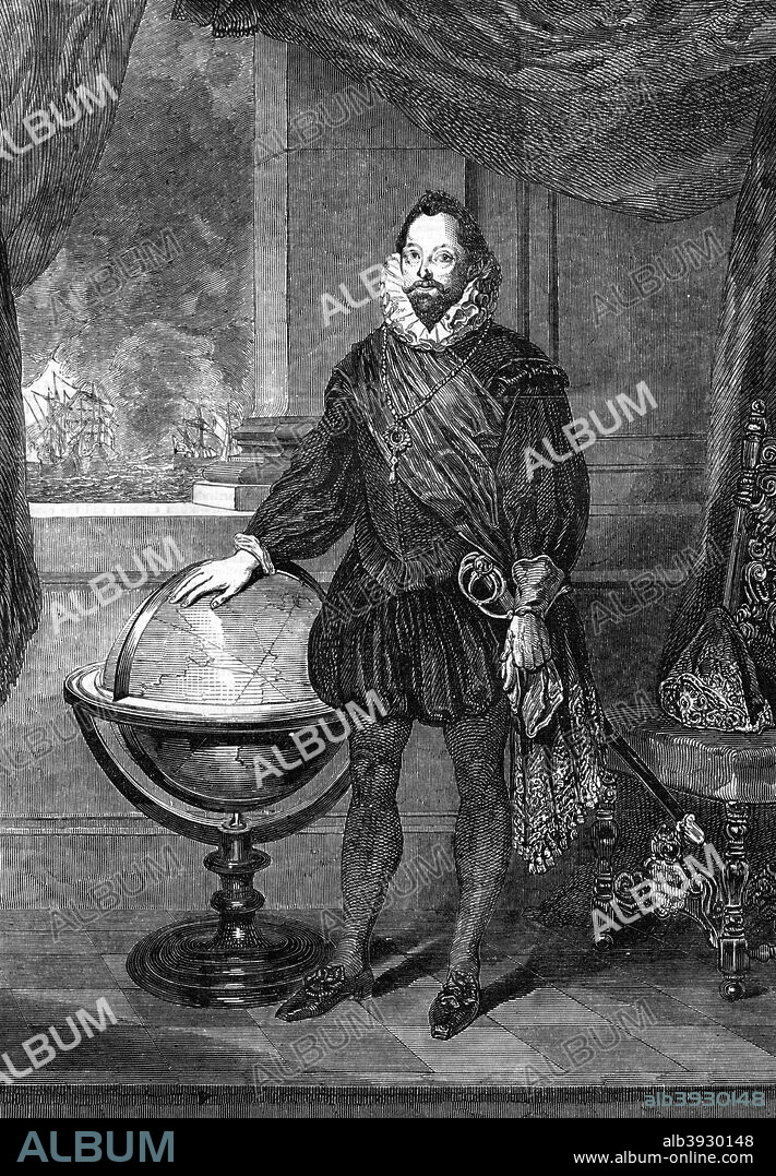 Sir Francis Drake, 16th-century navigator, sailor and pirate, (1851). Portrait of the Elizabethan naval hero Drake (1540-1596) who defeated the Spanish Armada. A print from the Illustrated London News, (20 September 1851).