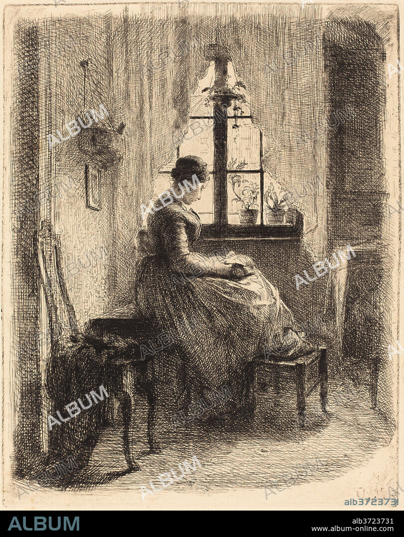 PHILIPP RUMPF. Young Woman Reading by a Window. Dated: c. 1855. Dimensions: plate: 16.5 x 13.2 cm (6 1/2 x 5 3/16 in.)  sheet: 33.3 x 26.2 cm (13 1/8 x 10 5/16 in.). Medium: etching on wove paper.