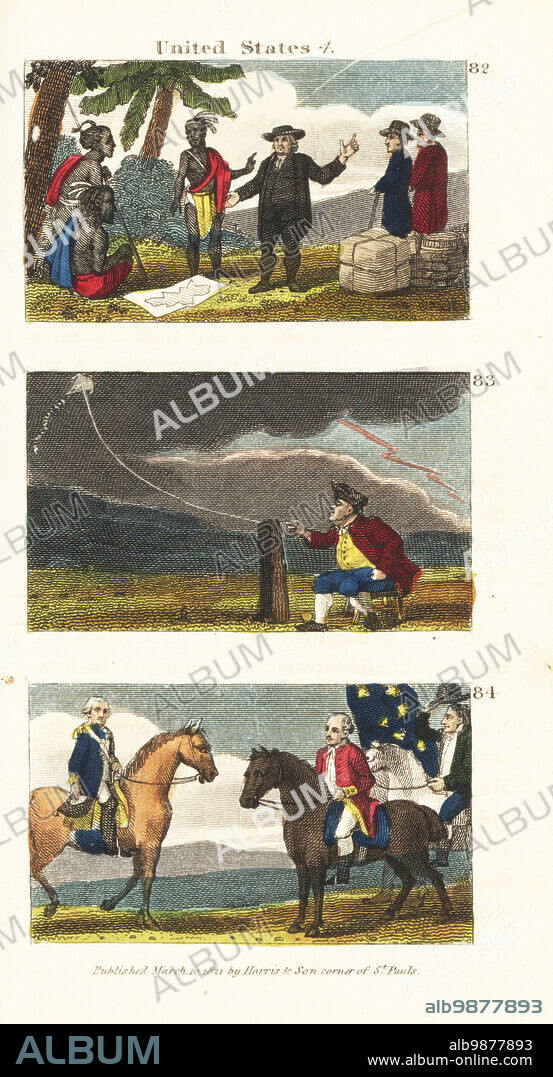 William Penn making a treaty in 1682 with the Lenape Native Americans 82, Benjamin Franklin drawing electricity from the sky in a thunderstorm 83 and General George Washington entering Philadelphia to become president in 1789 84.